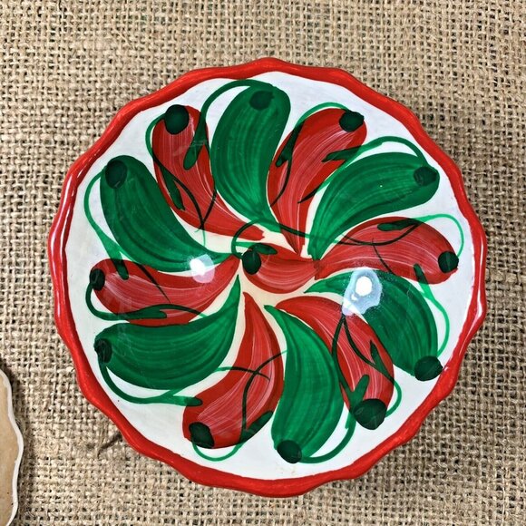 Talavera Hand Painted Bowls Peppers Mexico Folk Pottery Footed Dip Bowls - Picture 7 of 8